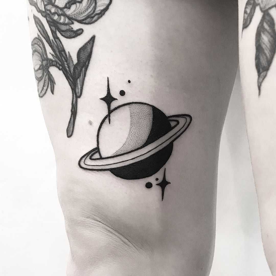 Black and grey Saturn tattoo by Pulled Poltergeist