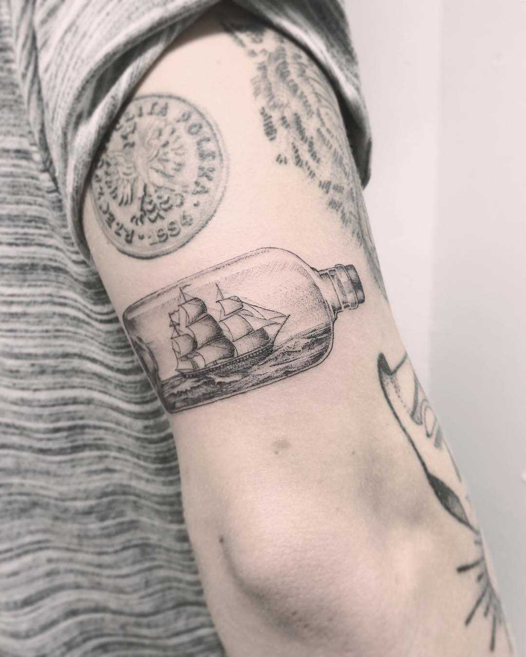 Bottle ship tattoo by Annelie Fransson