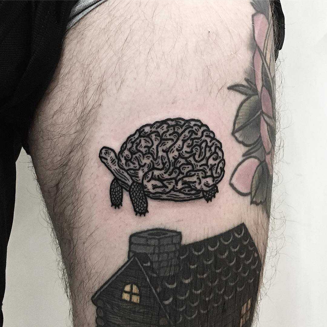 Brain tortoise tattoo by Deborah Pow