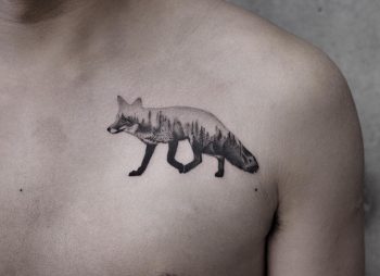 Double exposure fox tattoo by Aki Wong