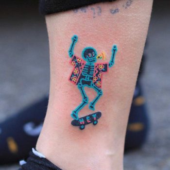 Hand-poked skateboarding skeleton by zzizziboy