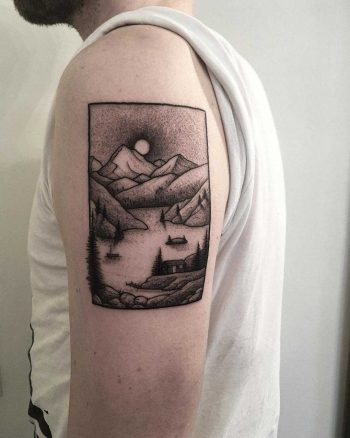 Linework mountains by tattooist Spence @zz tattoo