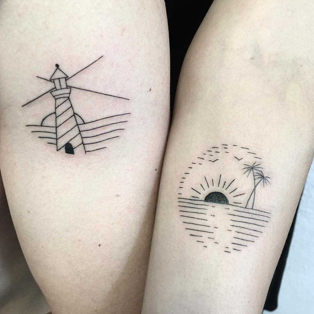 Matching minimalist paradise tattoos by Julim Rosa