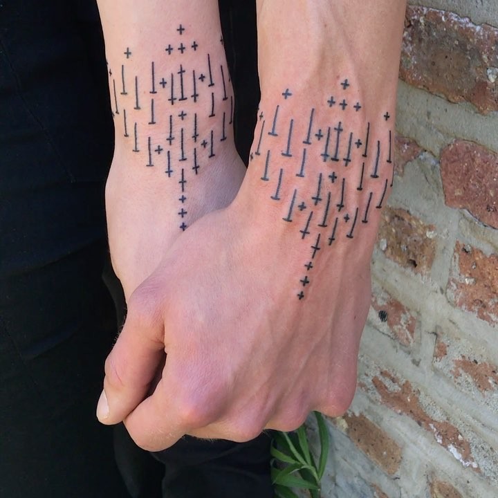 Matching pattern tattoos by Tine DeFiore