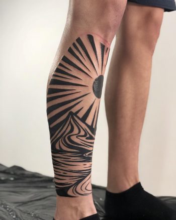 Shin landscape tattoo by Eugene Dusty Past