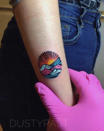 Sticker style landscape tattoo by Eugene Dusty Past