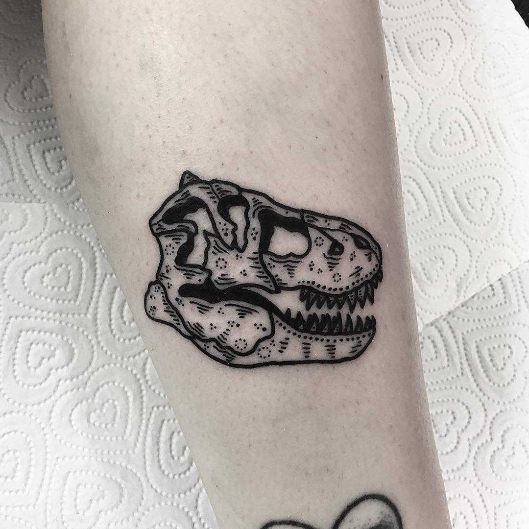 T-Rex skull tattoo by Deborah Pow