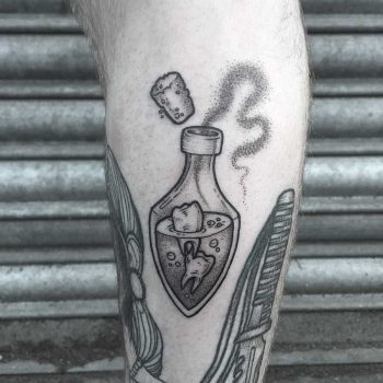 Teeth bottle tattoo by Lozzy Bones