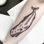 Woodcut whale tattoo by Deborah Pow