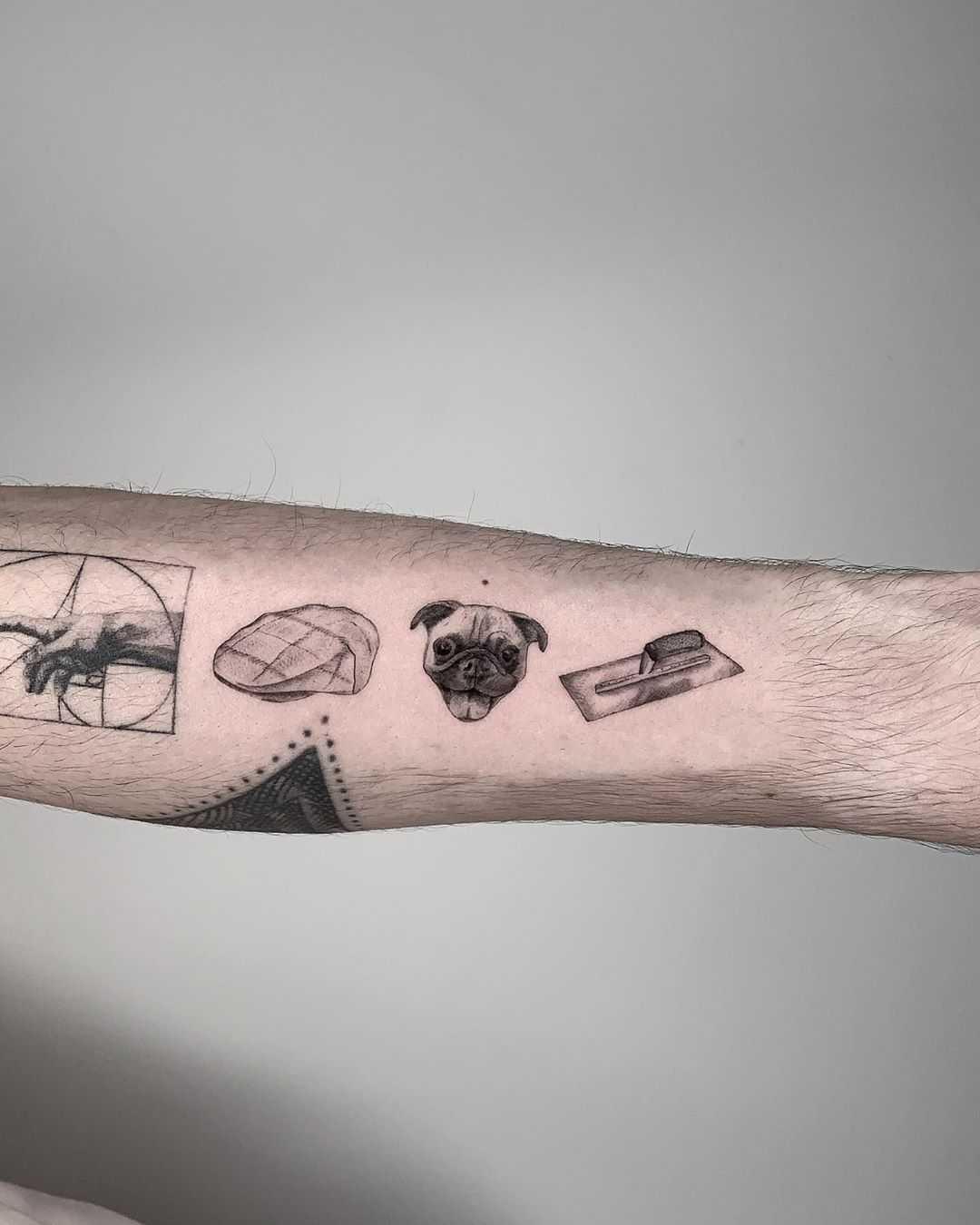 Beret, pug, and trowel tattoos by Conz Thomas