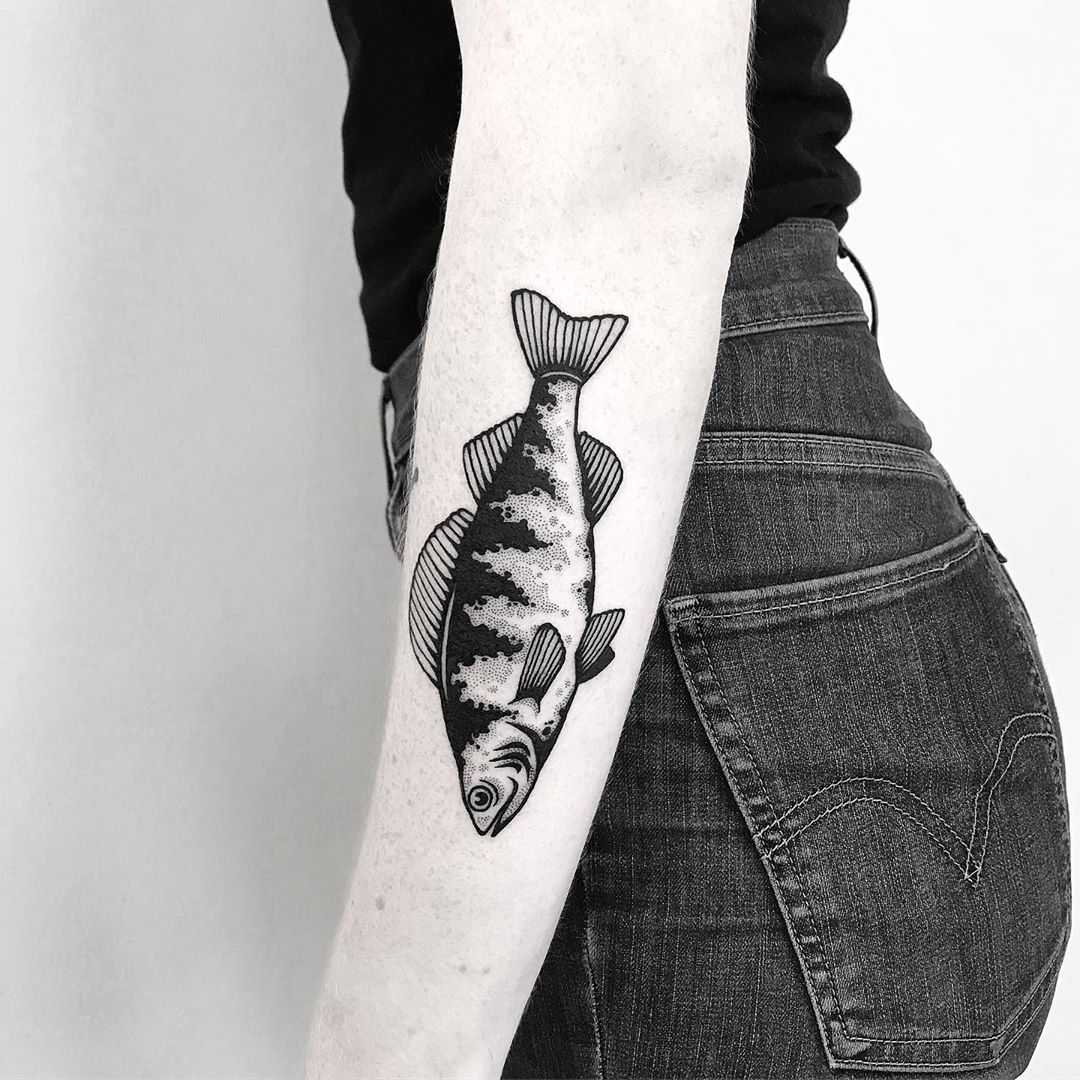 Blackwork fish tattoo by Pulled Poltergeist