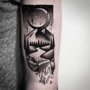 Blackwork mountains and river by Pulled Poltergeist