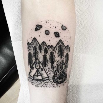 Camping scene tattoo by Deborah Pow