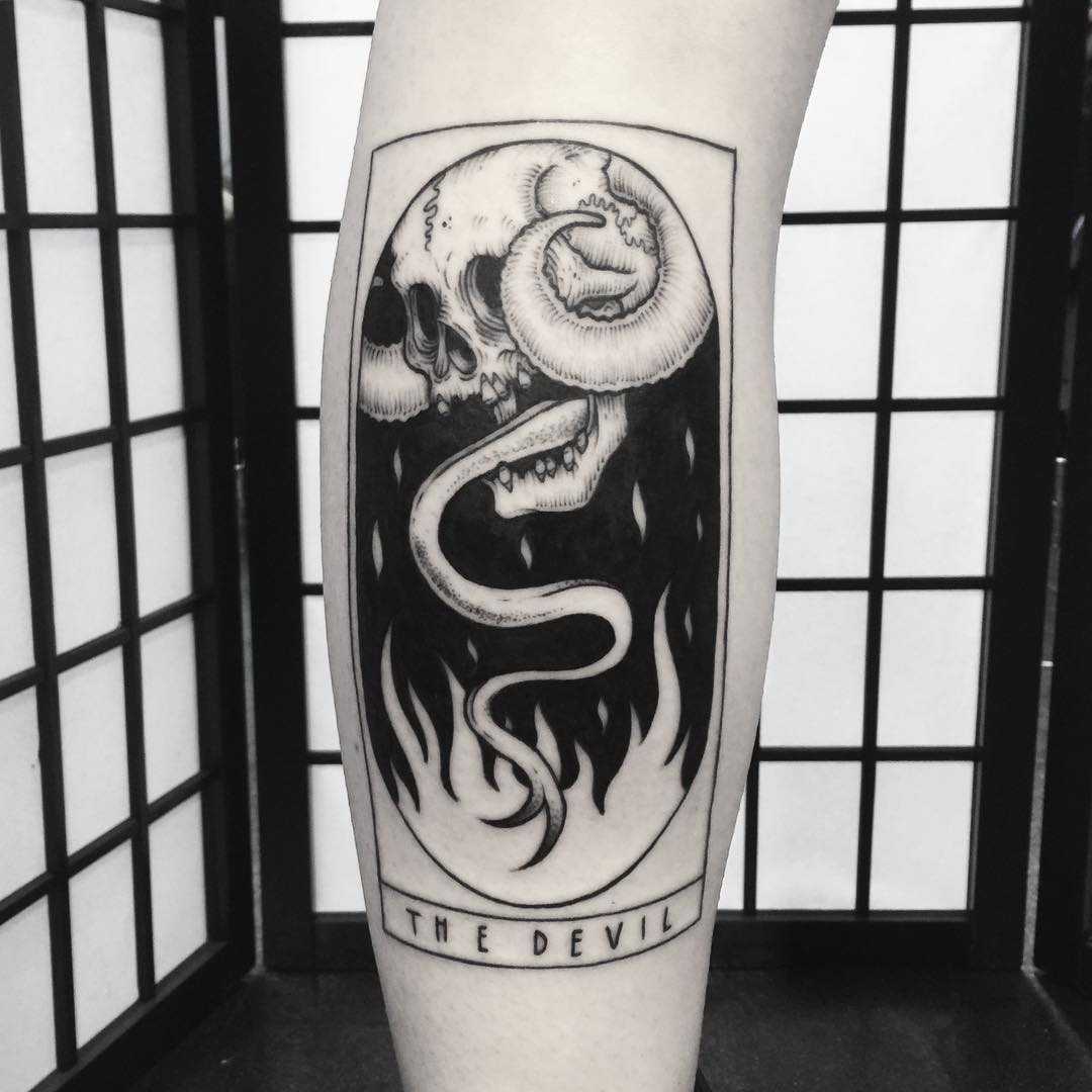 Devil tarot card tattoo by Lozzy Bones inked on the left calf Related Tatto...