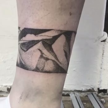 Dot-work mountains tattoo by Annelie Fransson