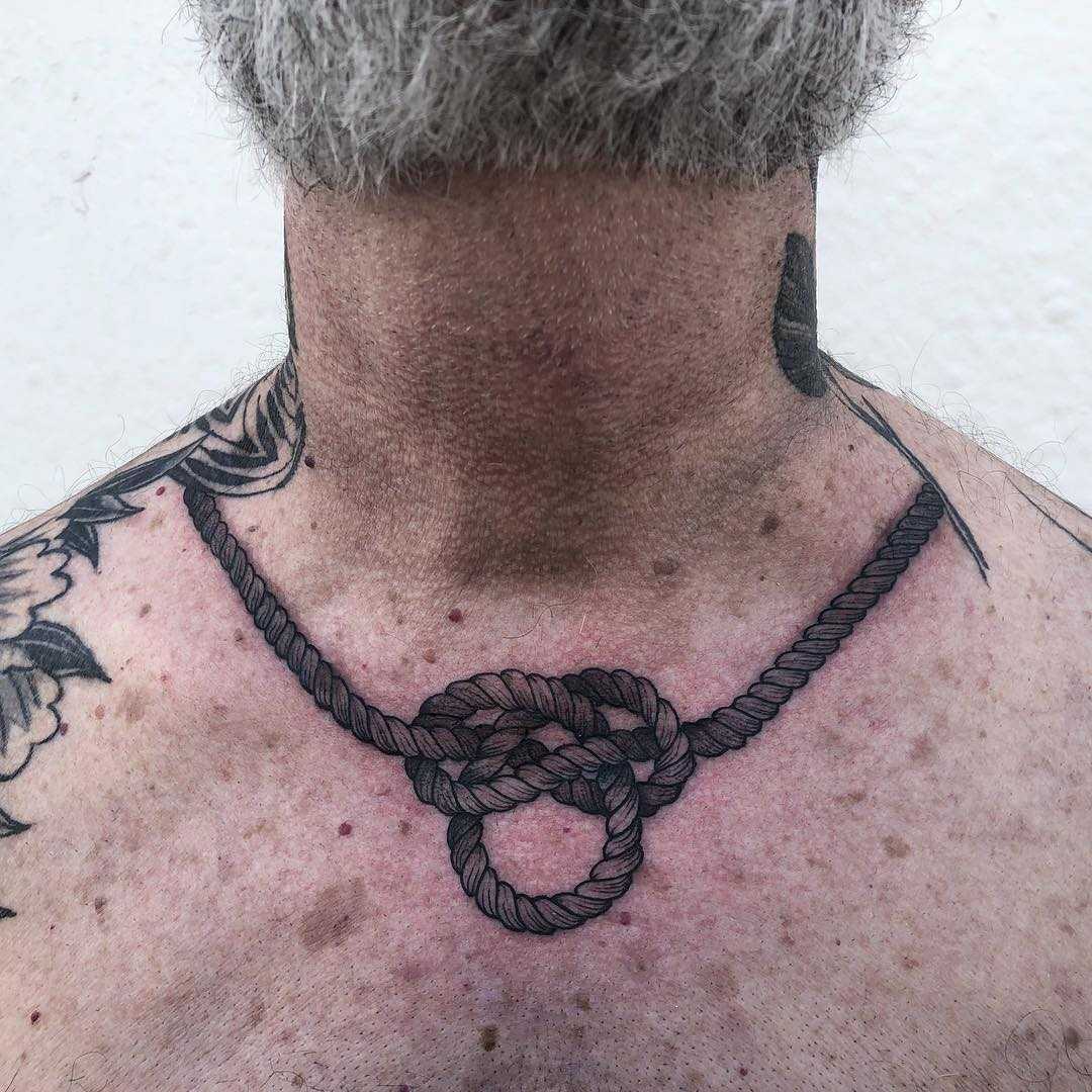 Knot tattoo around the neck by Tine DeFiore