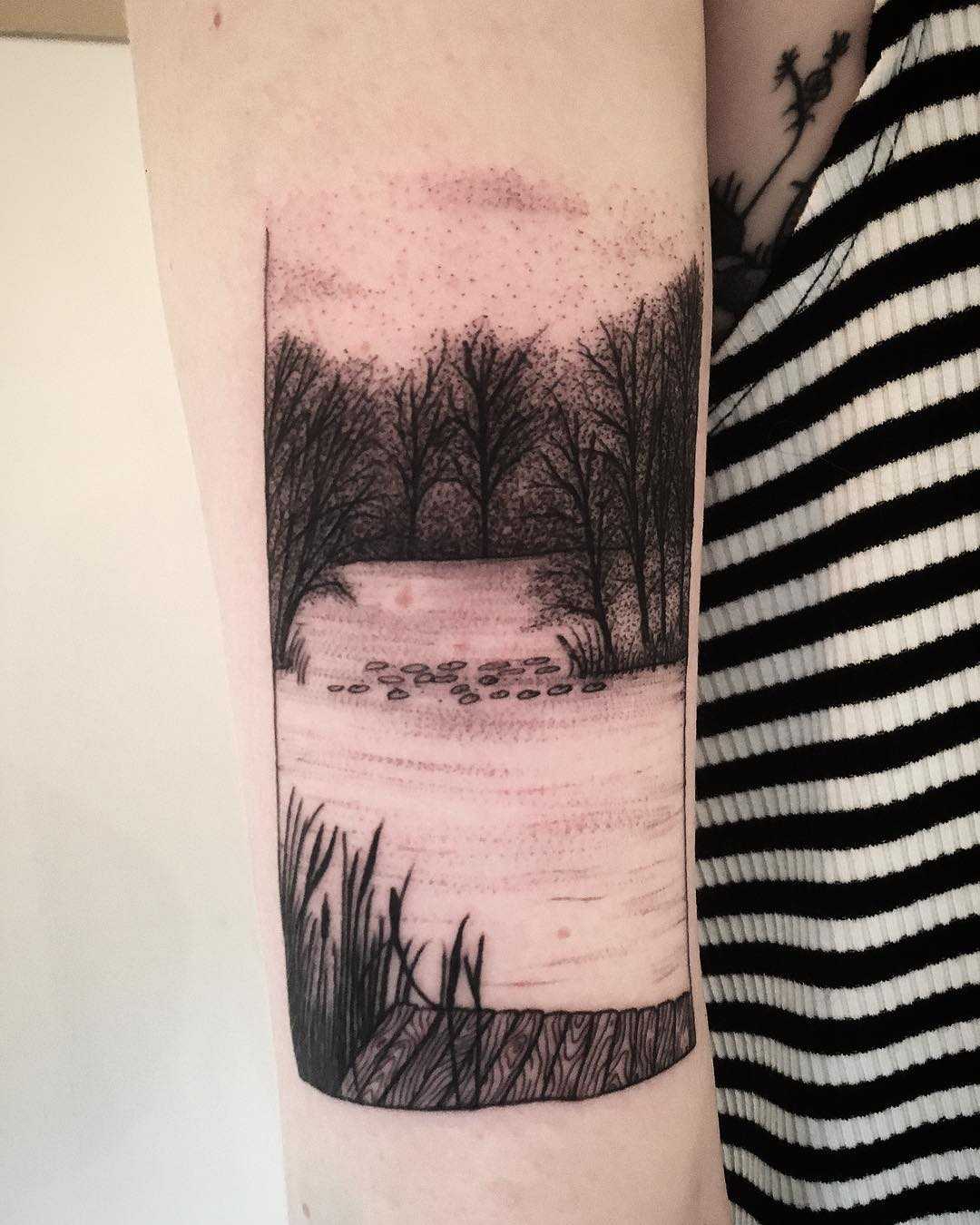 Lake scenery by tattooist Spence @zz tattoo