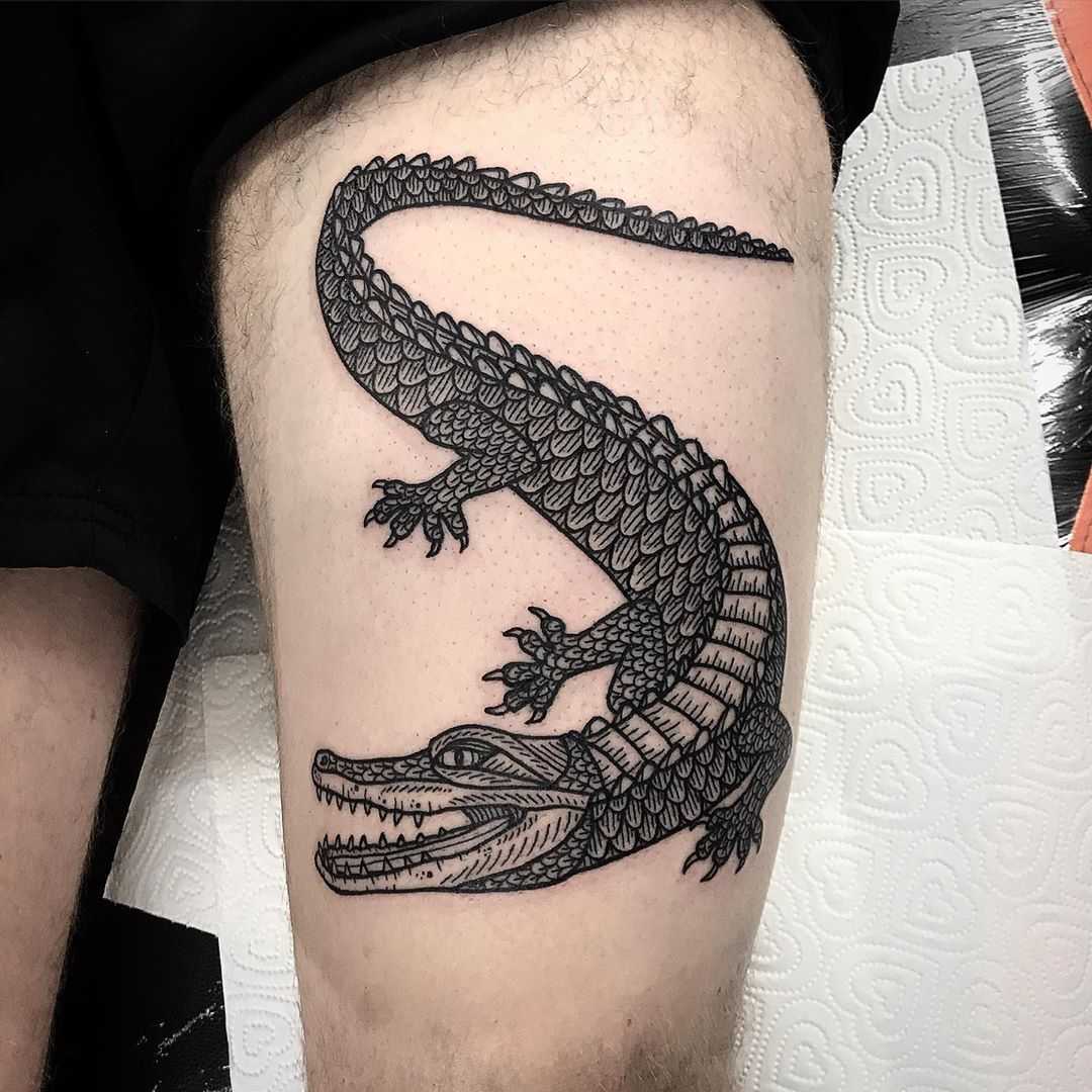 Large alligator tattoo by Deborah Pow
