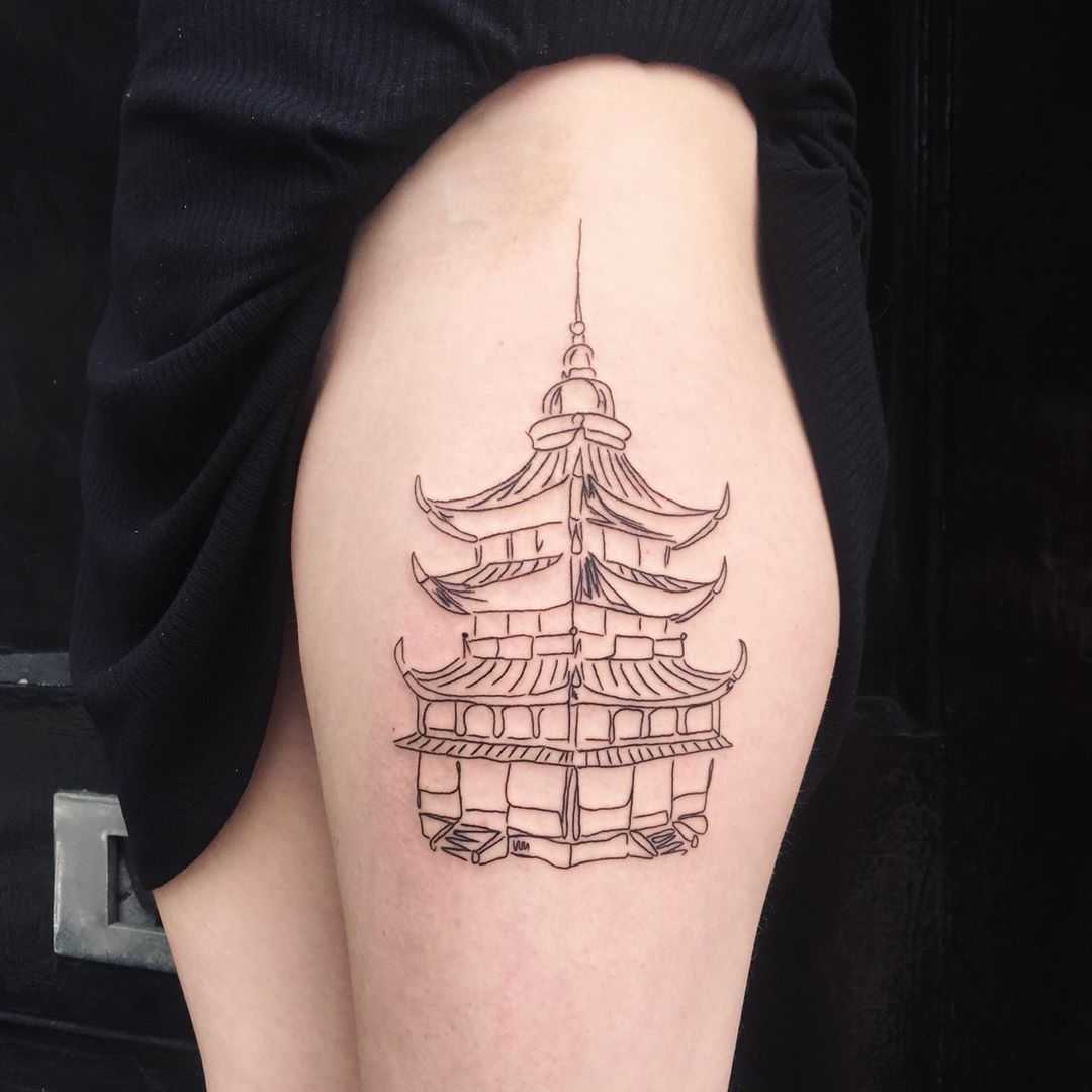Pagoda tattoo by Suki Lune inked on the left thigh Related Tattoos.