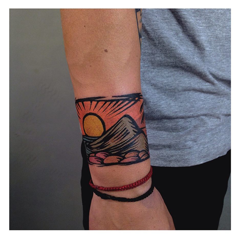 Sun and mountains tattoo by Eugene Dusty Past