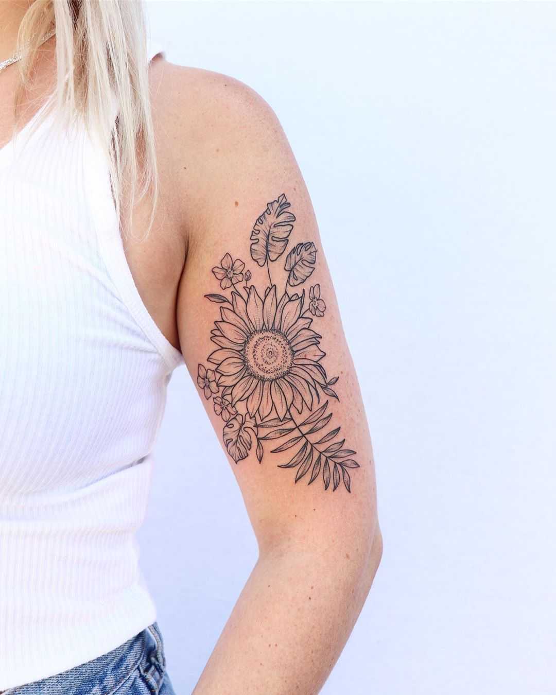 Sunflowers, monstera, palms and forget me nots by Zaya Hastra