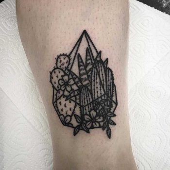 Tiny glass terrarium tattoo by Deborah Pow