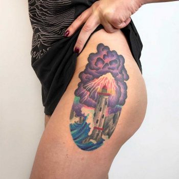 Watercolor lighthouse tattoo by Valeria Yarmola