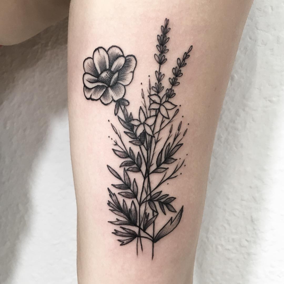 White jasmine, Ranunculus, Lavender bouquet tattoo by Julim Rosa