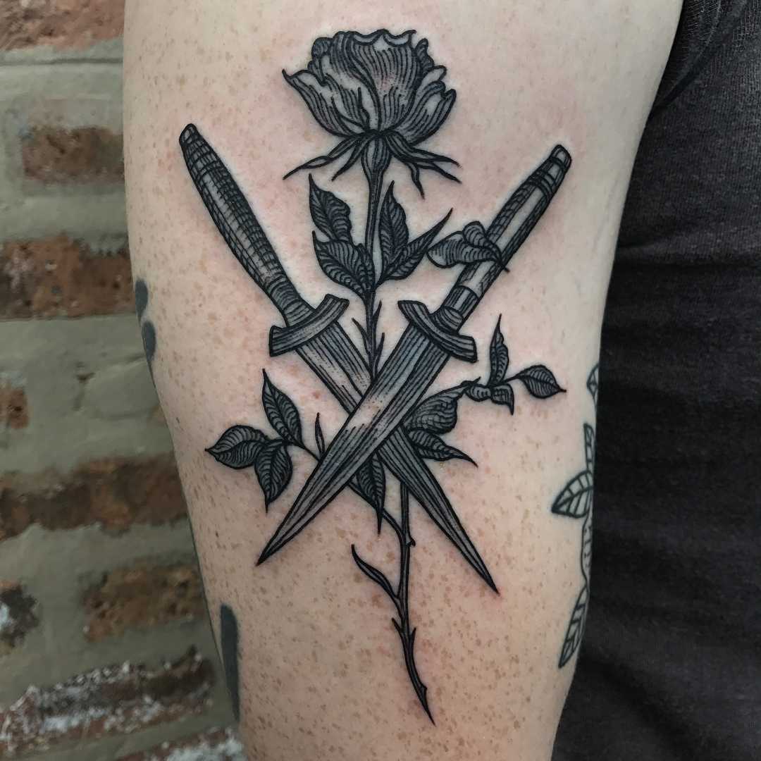 Crossed daggers and flower by Tine DeFiore