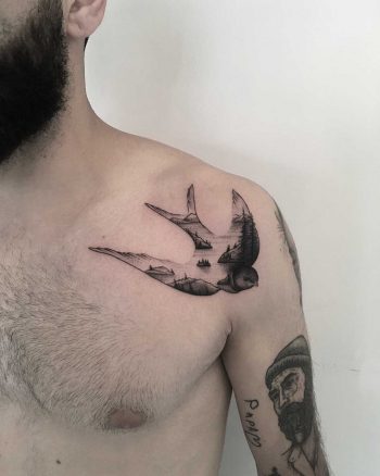 Double exposure swallow and scenery by tattooist Spence @zz tattoo