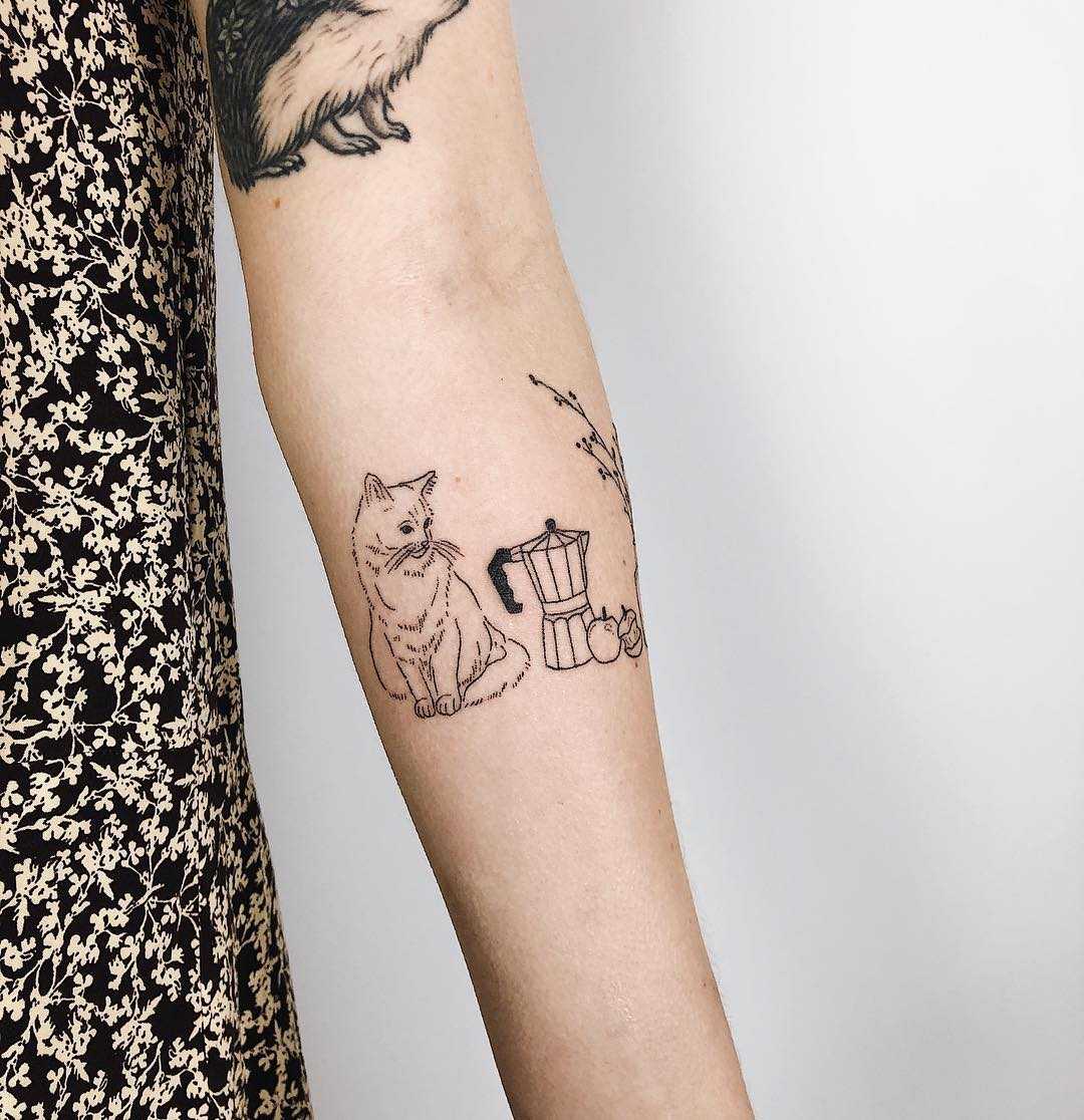 Lovely cat and still life tattoo by Kelli Kikcio