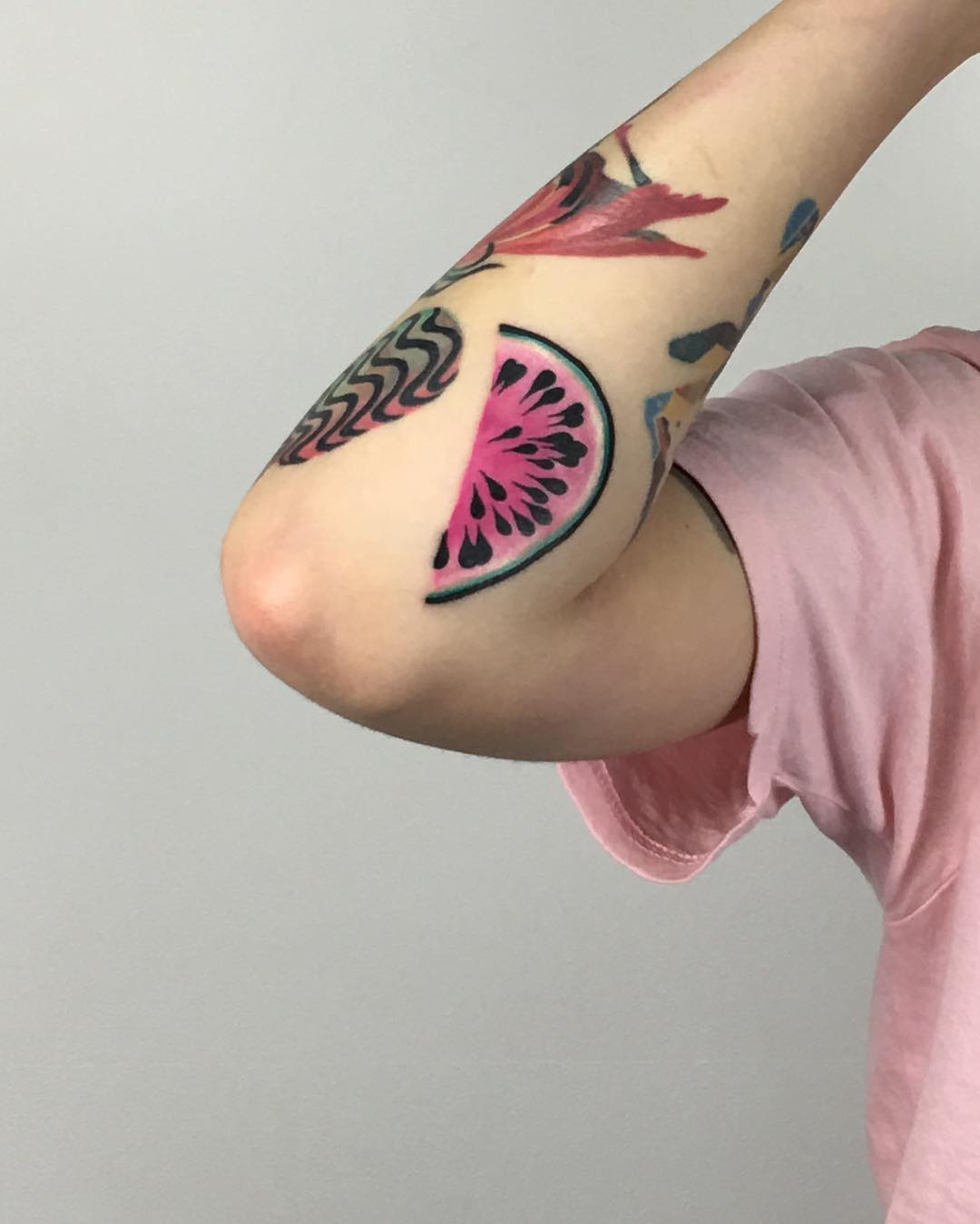 Pink fruit tattoo by Mavka Leesova