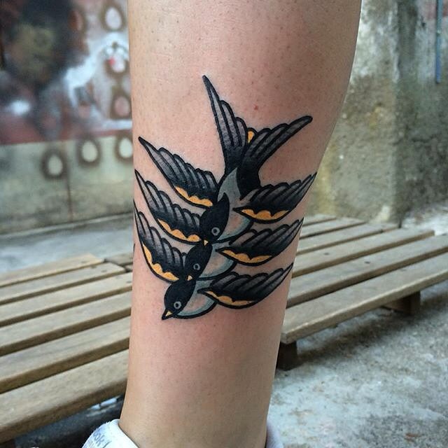 Triple swallow tattoo by Carina Soares