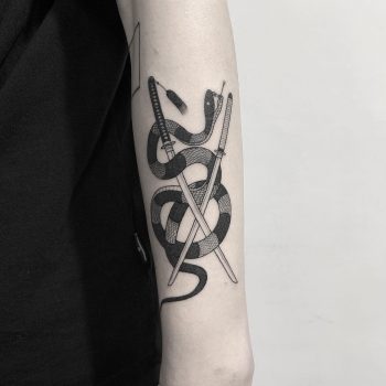 Snake and two katanas by Nudy tattooer