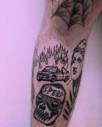 Burning bimmer tattoo by Tristan Ritter