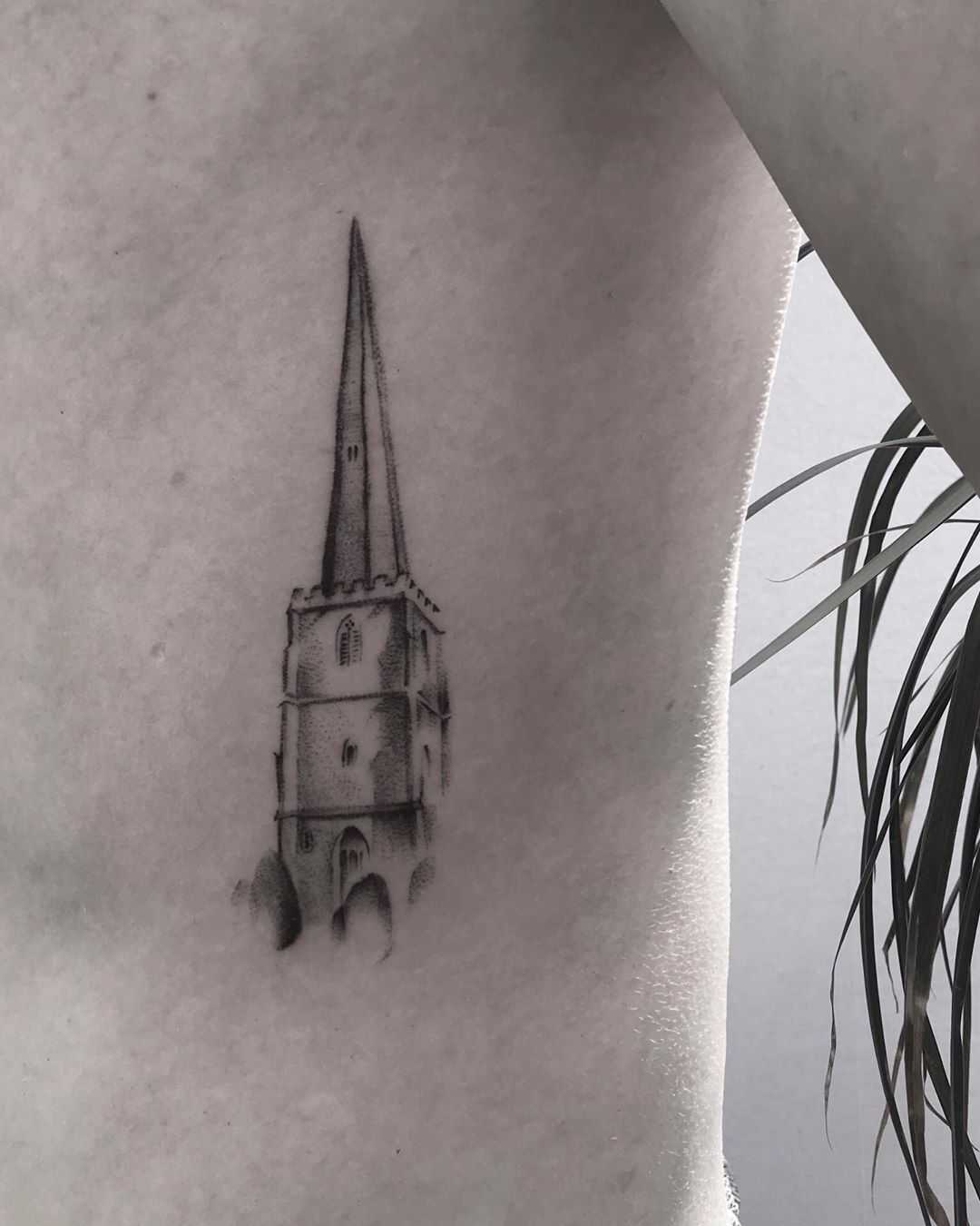 Church steeple tattoo by Oscar Jesus