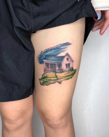 Watercolor farmhouse tattoo by Choco Chiang