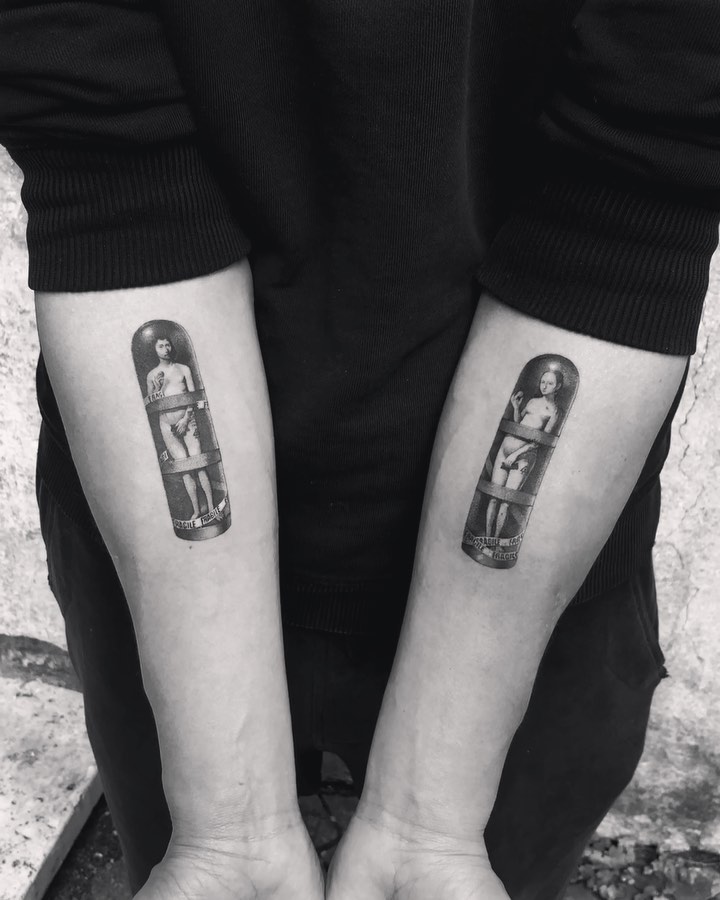 Adam and Eve tattoo inked on both forearms by @coldgraytattoo Related Tatto...