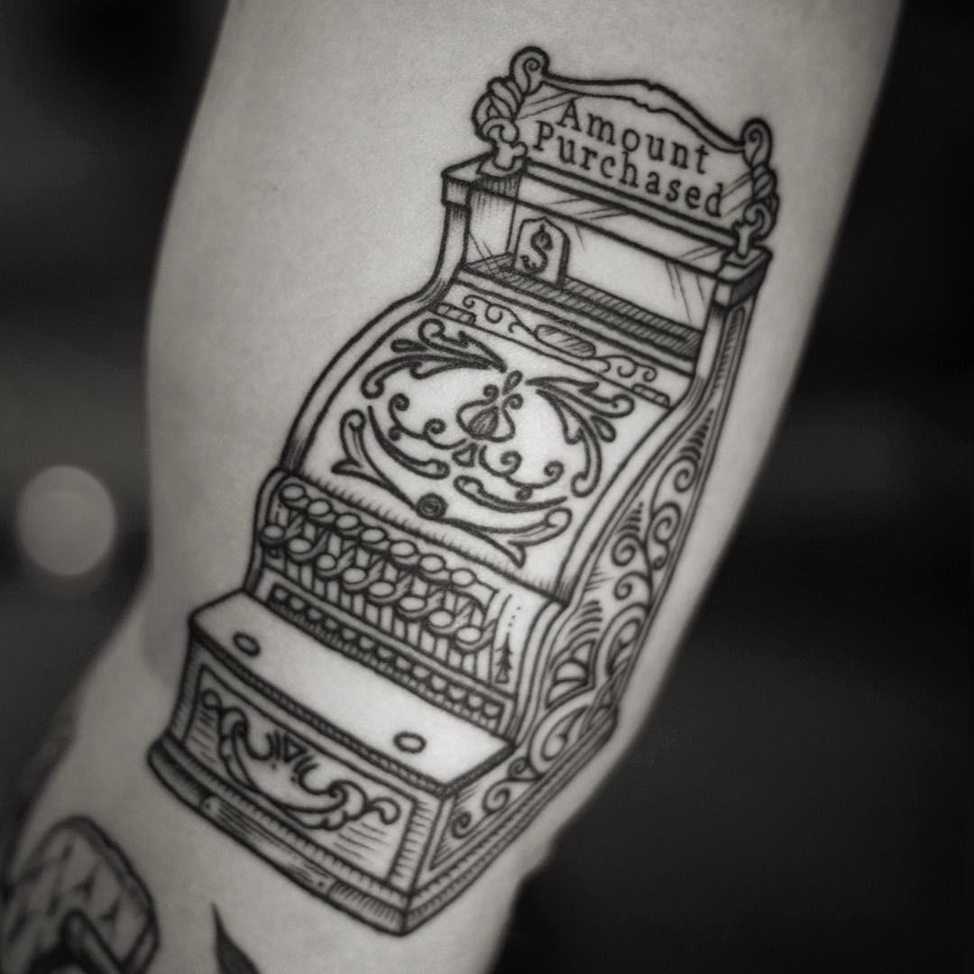 Antique cash register tattoo by @patcrump
