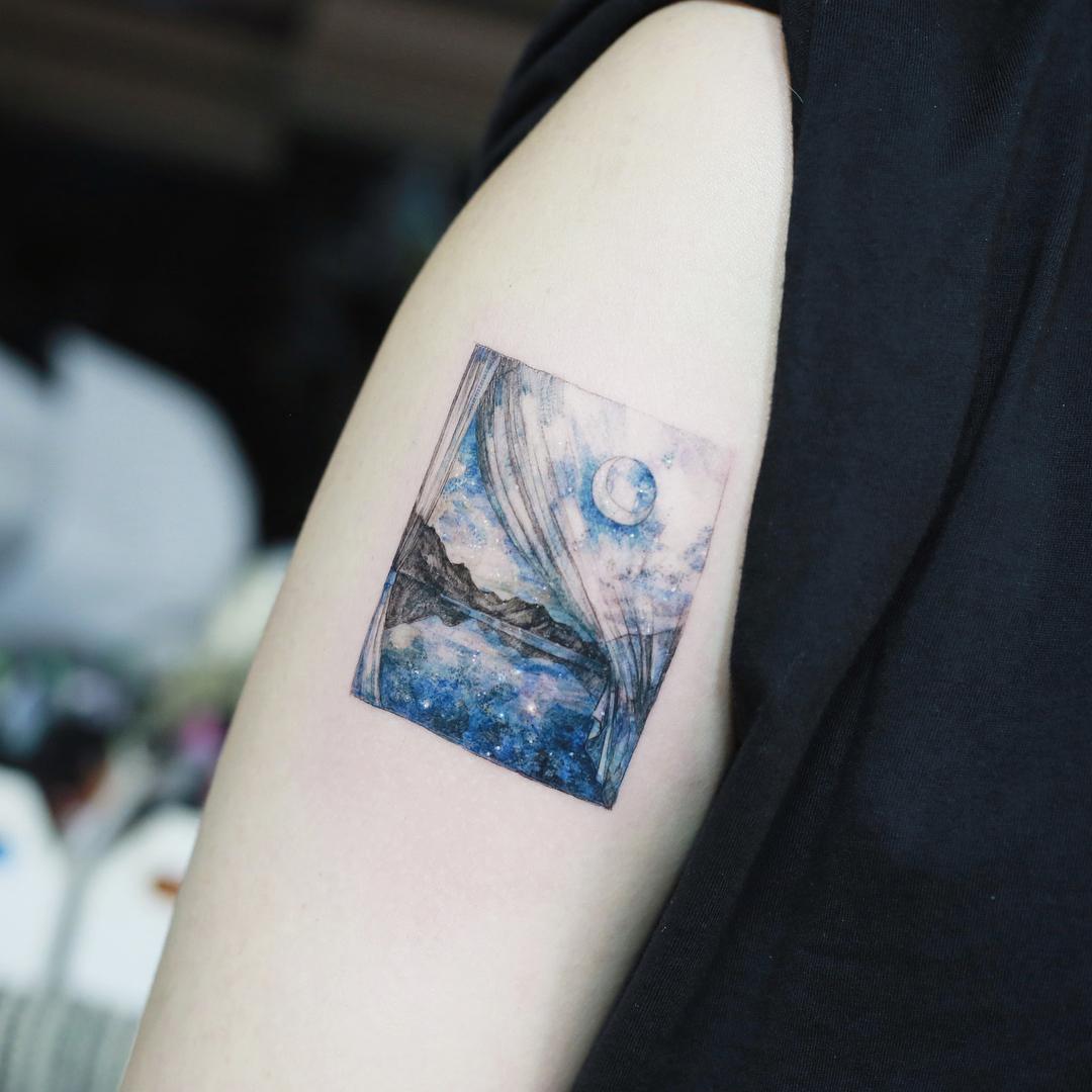 Landscape, curtain, moon by @tattooist_flower