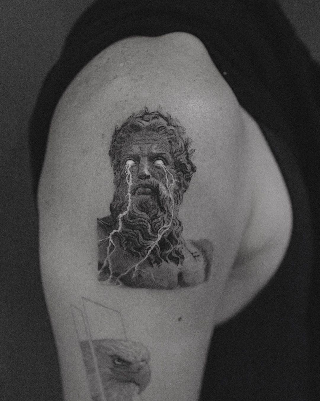 Black and Grey Greek God Zeus Tattoo by Kirstie