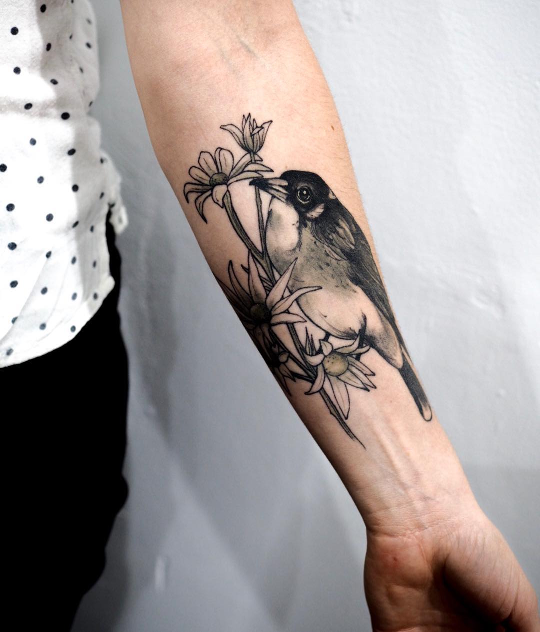 Flannel flowers and Butcherbird tattoo by @sophiabaughan