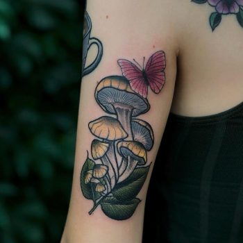 Shrooms and butterfly by @lindseebeetattoo