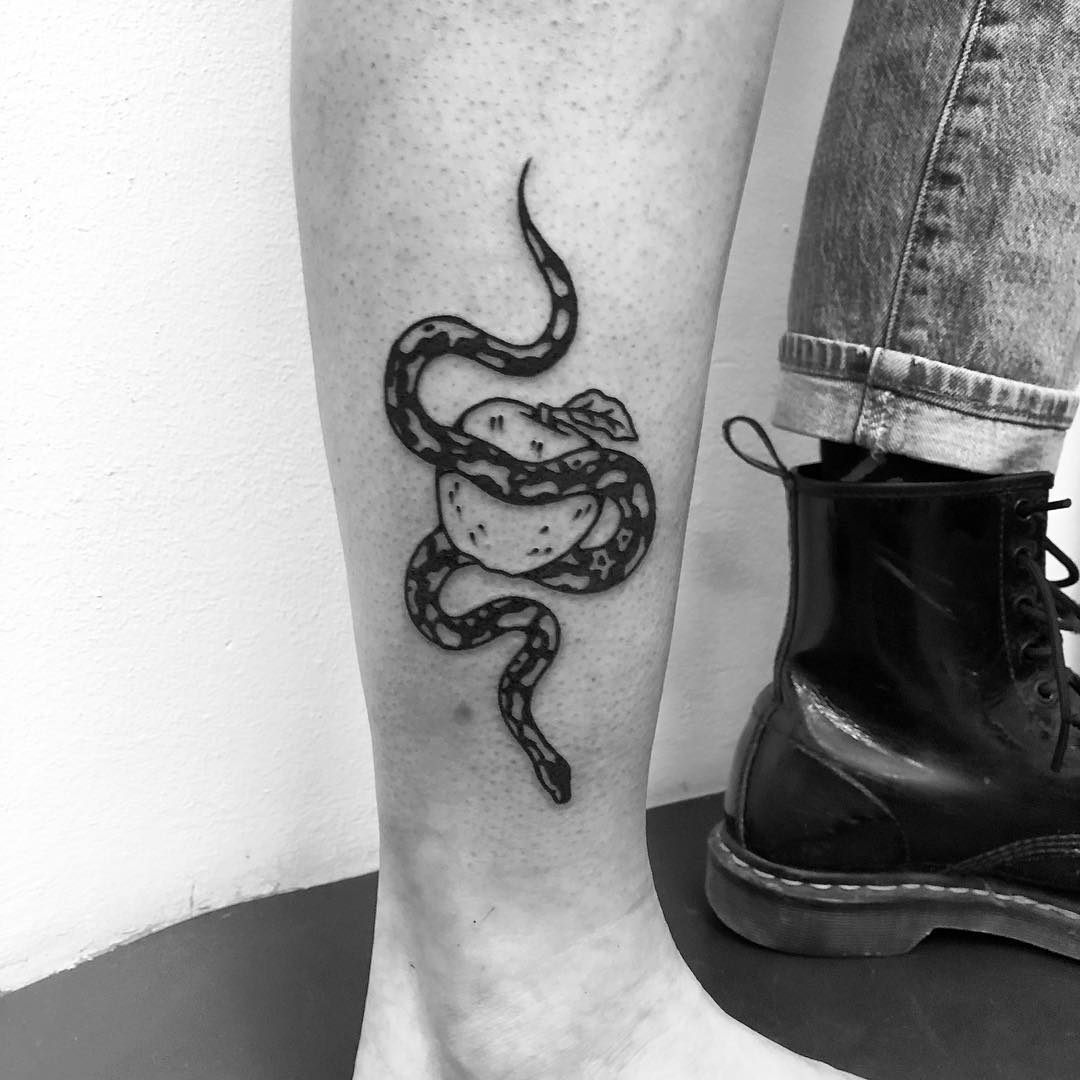 Snake with an apple for Eve by @alexbergertattoo