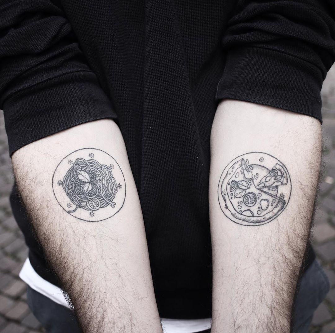Pizza and spaghetti tattoos by @sollefe