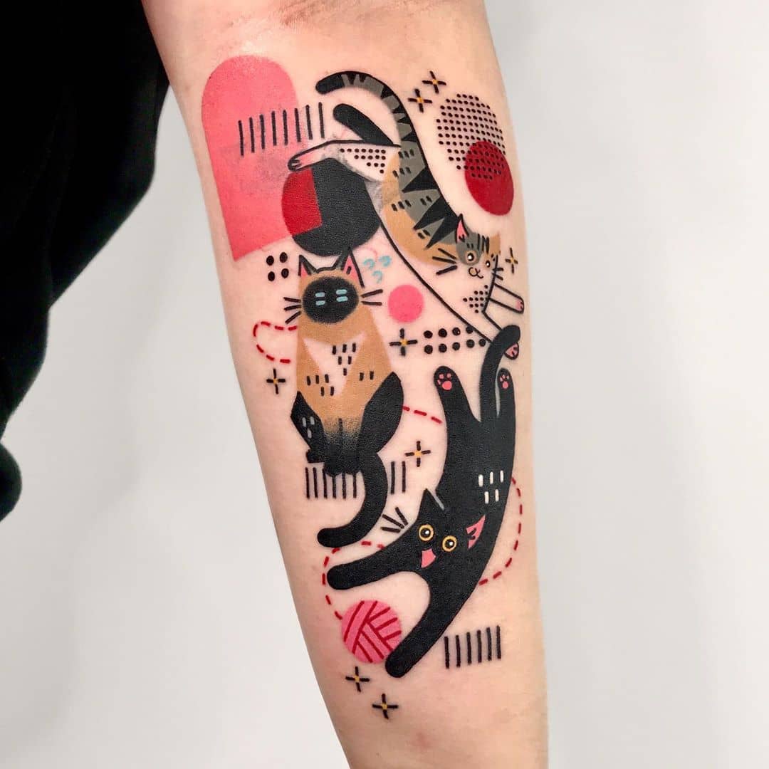 Three cats tattoo by tattooist Hen