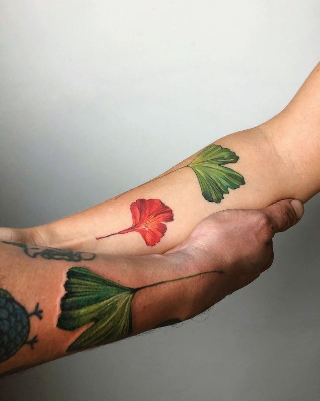Matching Ginkgo Leave Tattoos By @rit.kit.tattoo