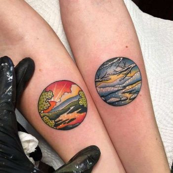 Matching Landscape Tattoos by @kevinraytattoos