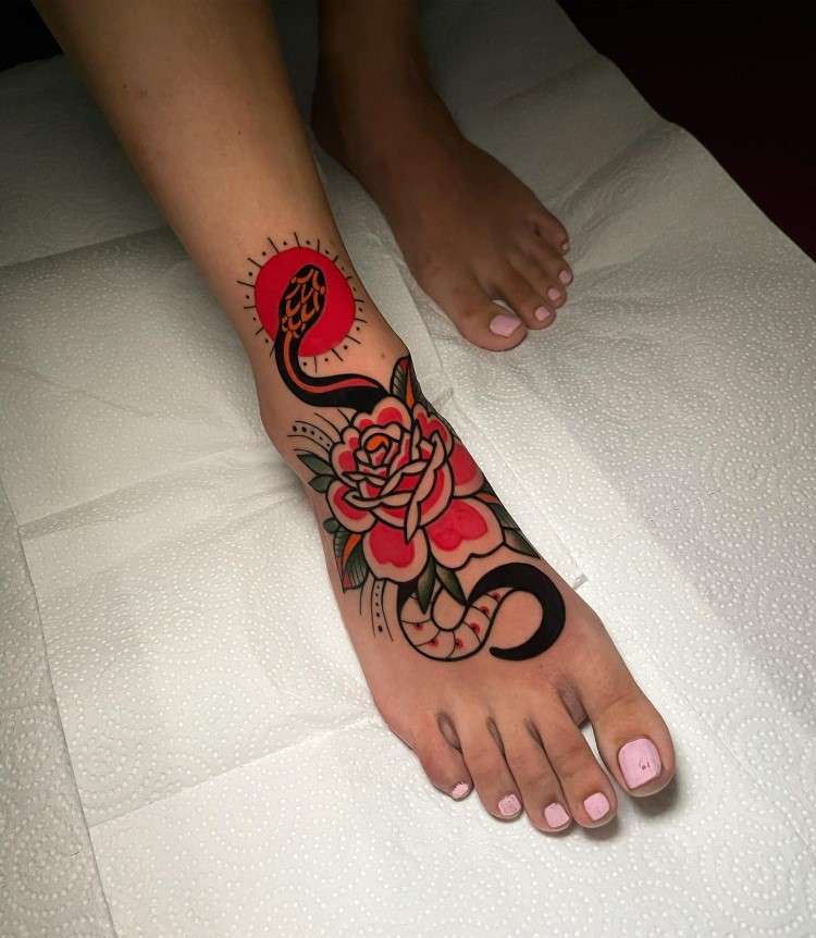 Traditional Rose And Snake Tattoo On a Foot by @alejog.m