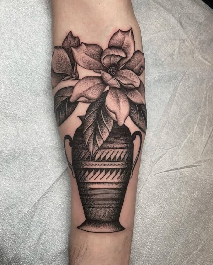 Dot-Work Flower Vase Tattoo by @justinoliviertattoo